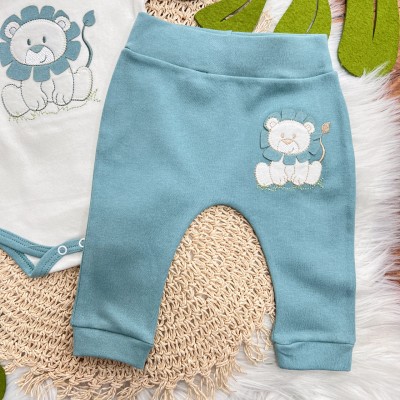 Conj. de Malha 3 peças-  Leãozinho e Safari - Off White e Verde Menta